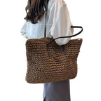 Women woven tote bag spacious lightweight shoulder bag