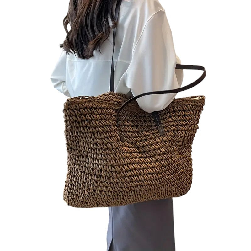 Women woven tote bag spacious lightweight shoulder bag