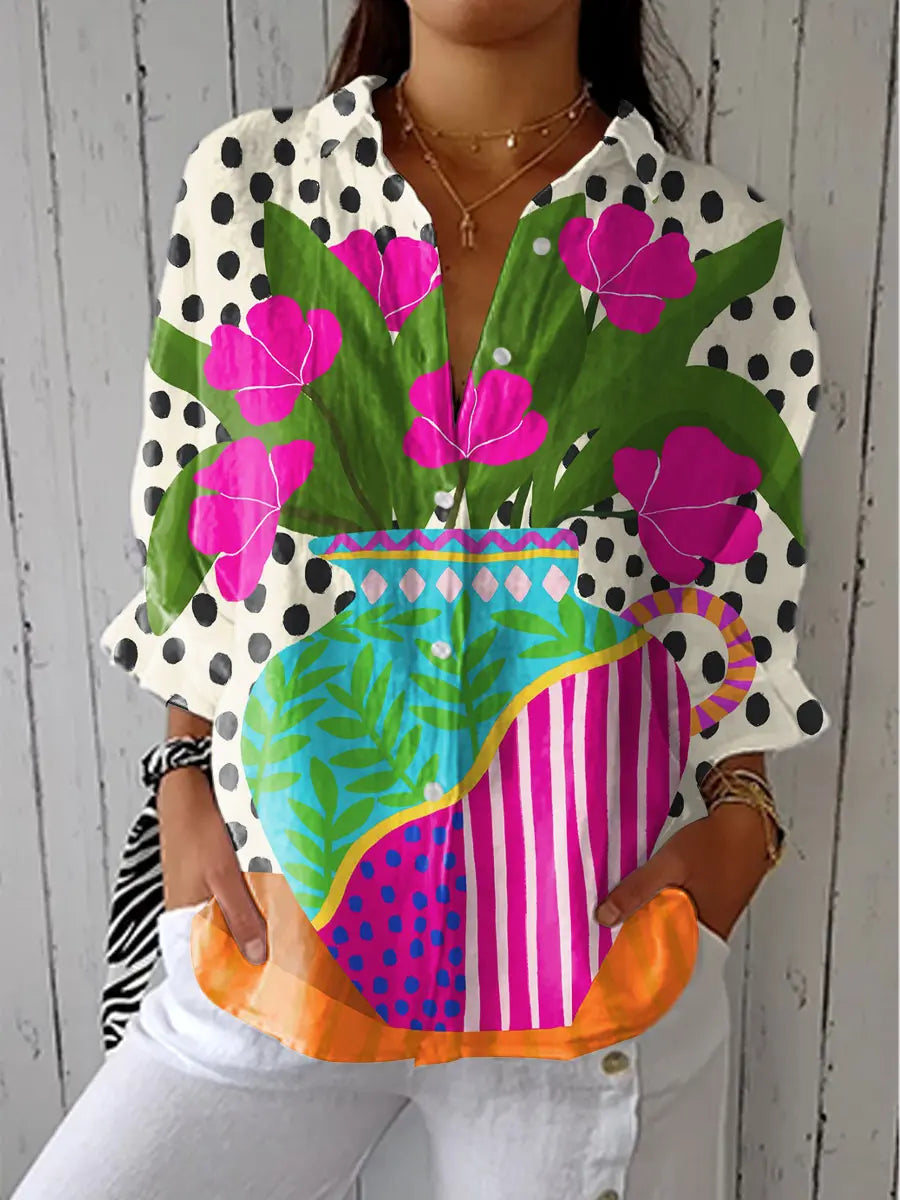 Women floral print button front blouse relaxed fit V-neckline multicolor