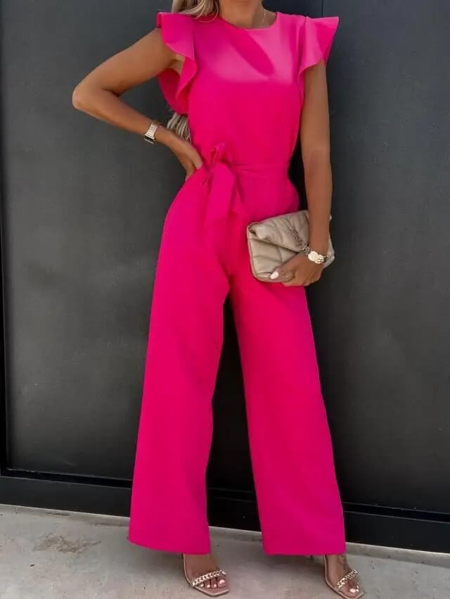 Women's wide leg jumpsuit with butterfly sleeves and belt, elegant summer one-piece