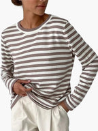 Striped knit sweater women's relaxed fit round neck long sleeve