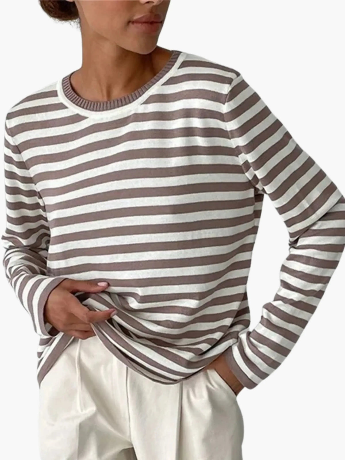 Striped knit sweater women's relaxed fit round neck long sleeve