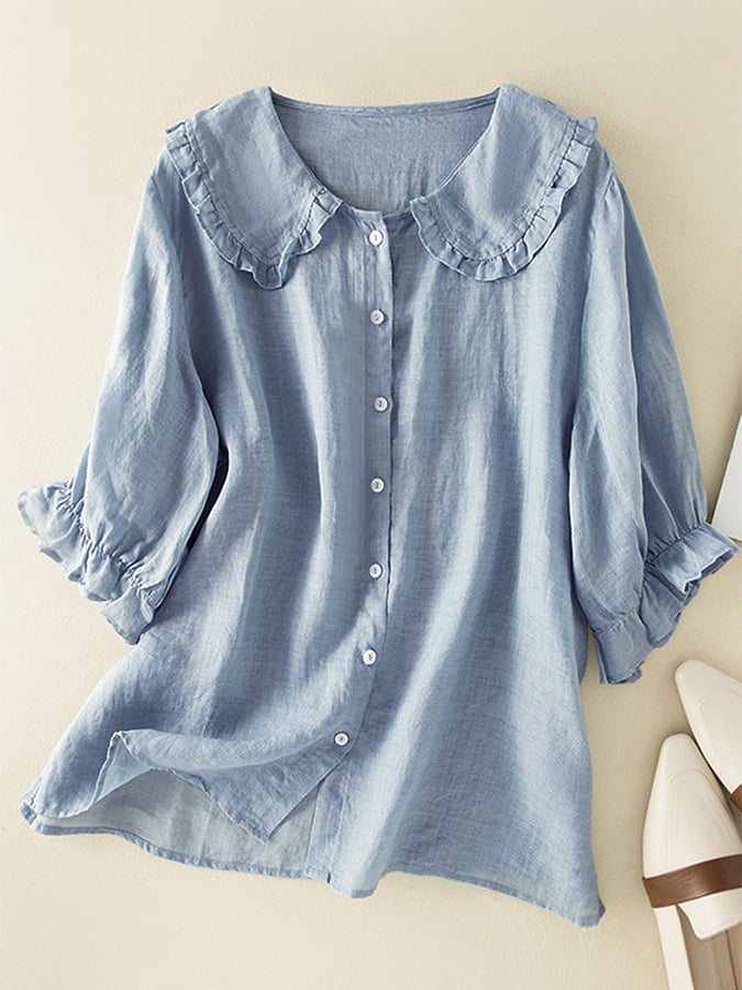Women's lightweight ruffle collar blouse with button-front closure, elegant and feminine