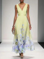 Women's floral print wedding guest dress, A-line V-neck flowing silhouette