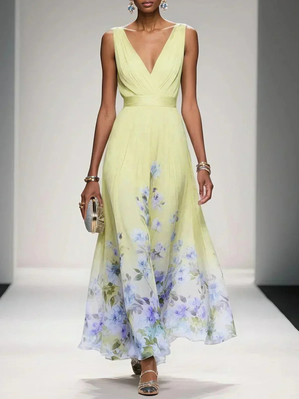Women's floral print wedding guest dress, A-line V-neck flowing silhouette