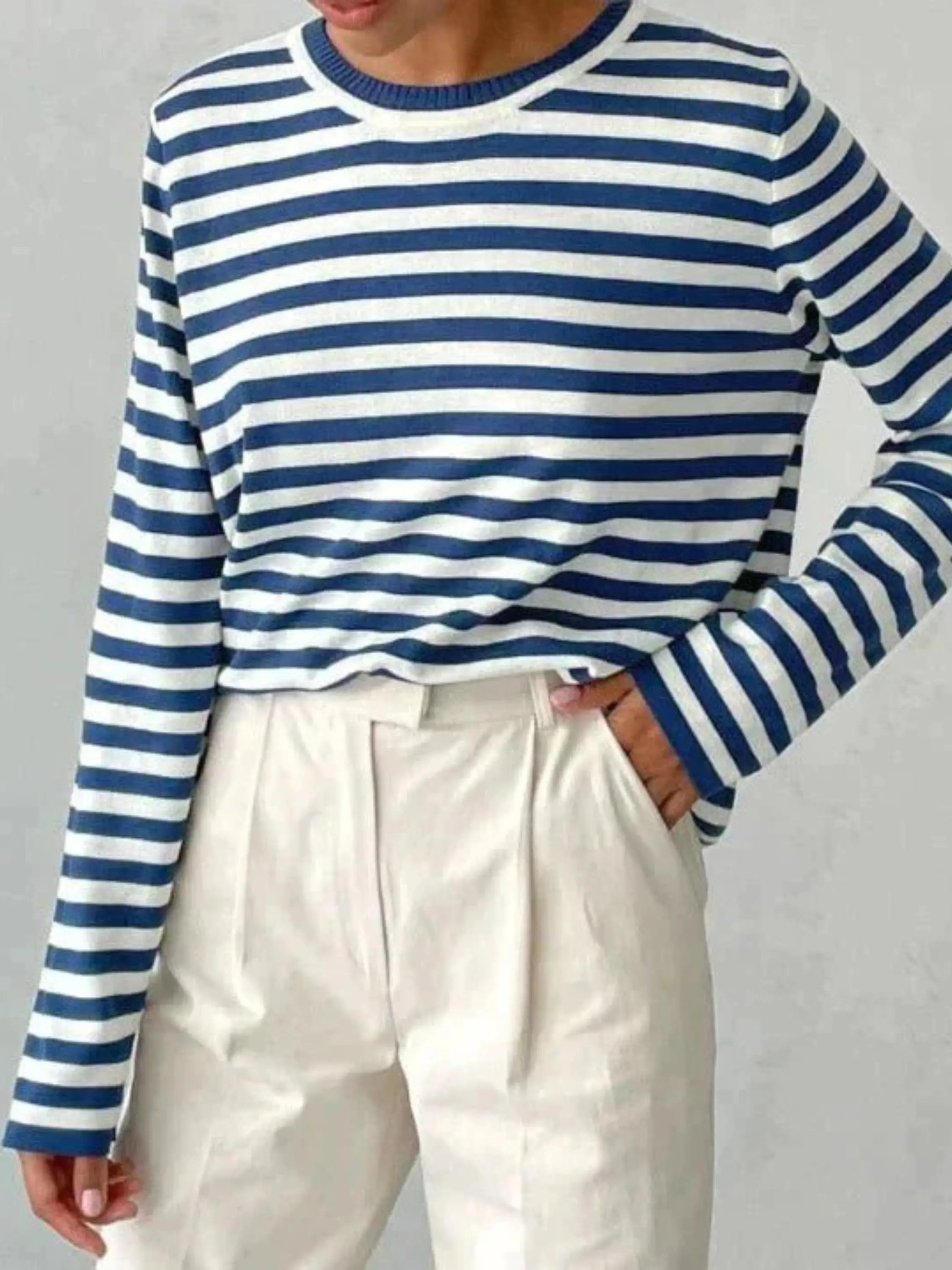 Striped knit sweater women's relaxed fit round neck long sleeve
