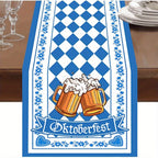 Oktoberfest table runner blue white diamond pattern with beer stein motifs, 33x183 cm