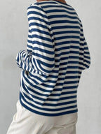 Striped knit sweater women's relaxed fit round neck long sleeve