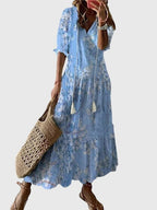 Boho summer dress with V-neckline, vintage bohemian style, lightweight and breezy