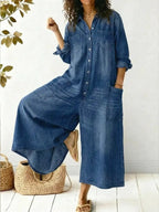 Women denim wide leg jumpsuit long sleeve button-up front casual style