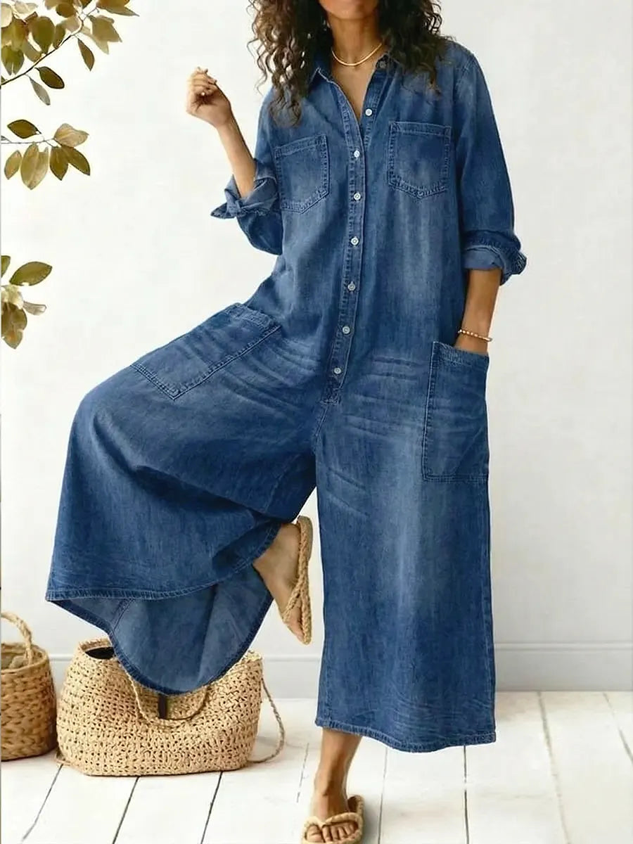 Women denim wide leg jumpsuit long sleeve button-up front casual style