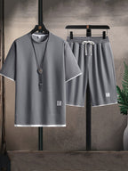 Men's two-piece waffle fabric set, relaxed fit, T-shirt and shorts in black and beige