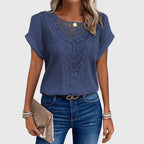 Women's openwork blouse short sleeve round neck loose fit, decorative perforated knit