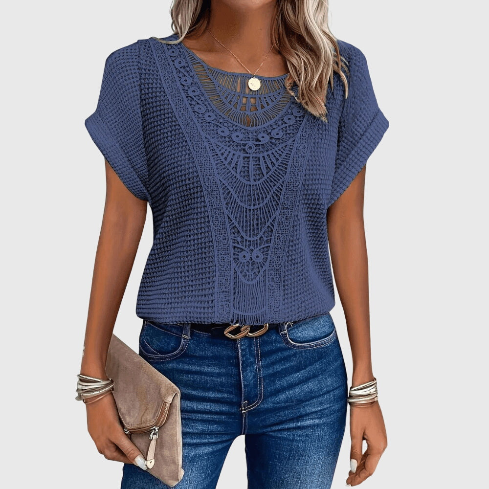 Women's openwork blouse short sleeve round neck loose fit, decorative perforated knit