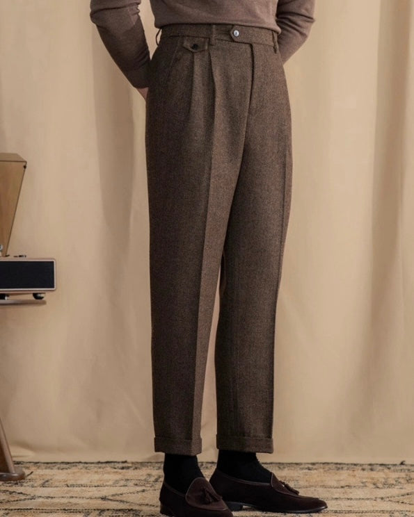 Men's herringbone wool trousers high waist pleated front tailored fit