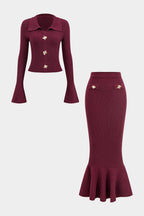 Women 2 piece knit set midi skirt with ruffle hem and gold button top