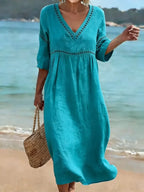 Women's soft-touch V-neck dress with side pockets, short sleeves, everyday casual wear