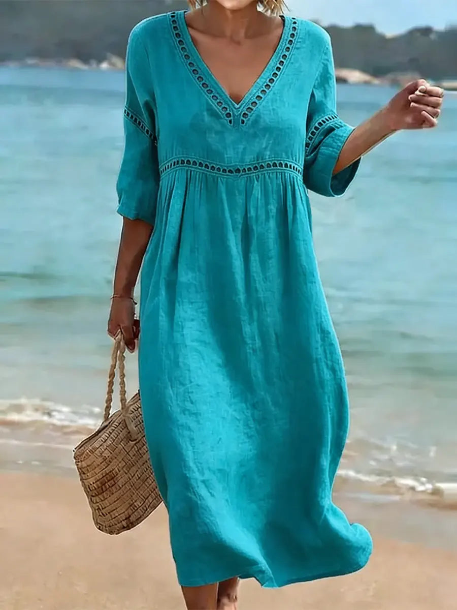 Women's soft-touch V-neck dress with side pockets, short sleeves, everyday casual wear