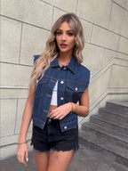 Women denim sleeveless jacket with flap pockets regular fit