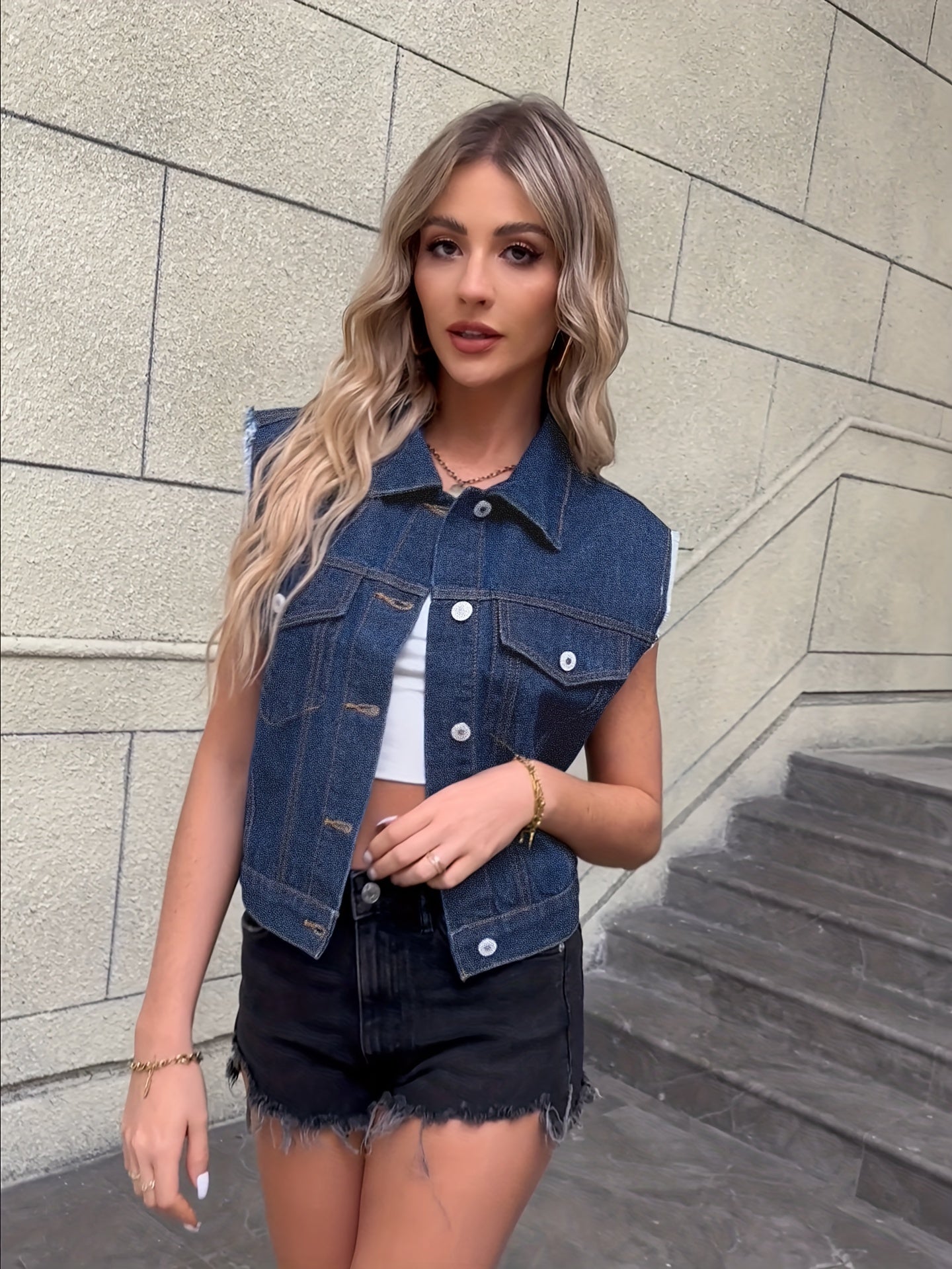 Women denim sleeveless jacket with flap pockets regular fit