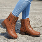 Women's leather ankle boots with side zipper and low block heel