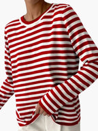 Striped knit sweater women's relaxed fit round neck long sleeve