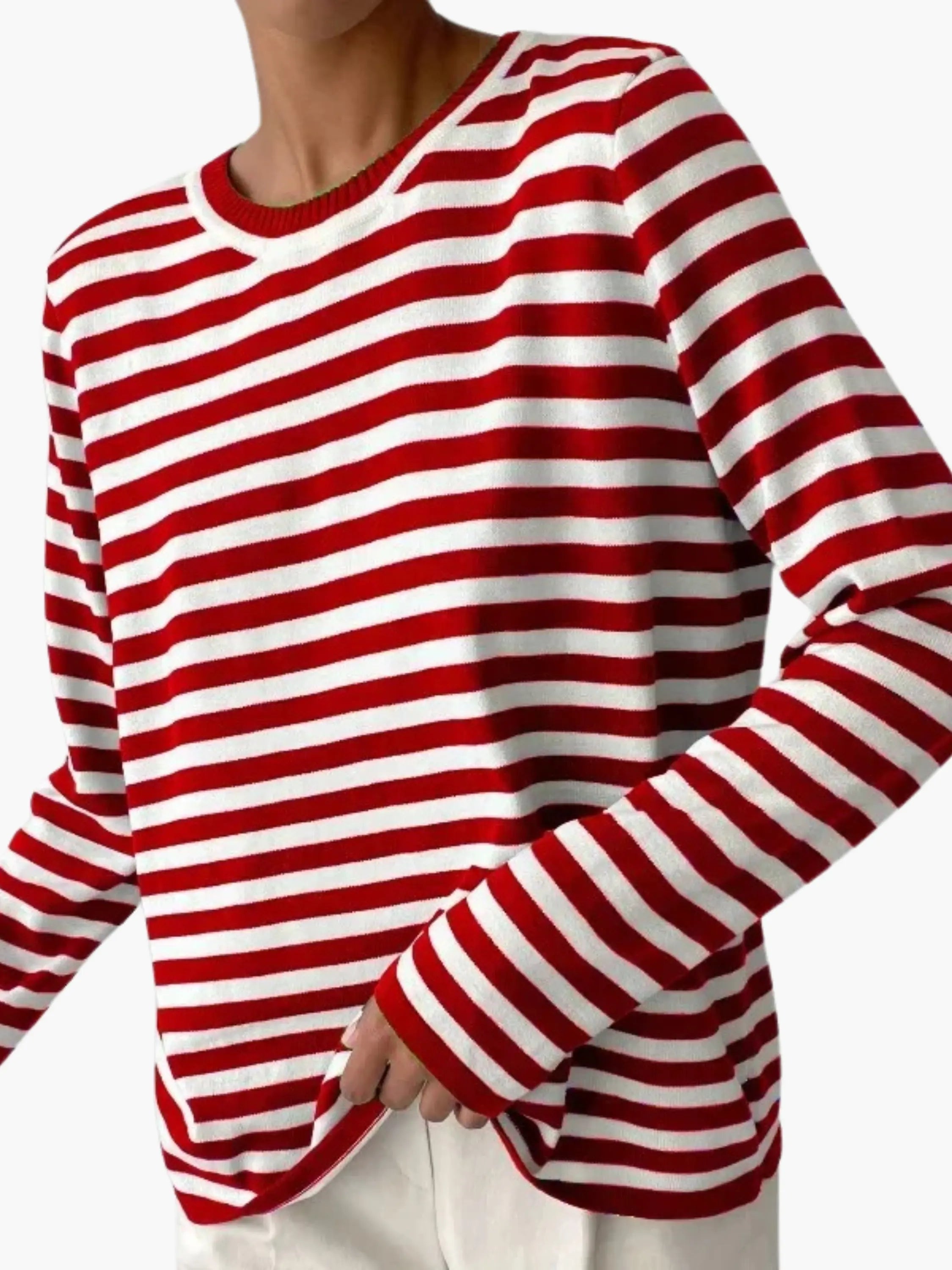 Striped knit sweater women's relaxed fit round neck long sleeve