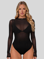 Women's mesh bodysuit long sleeve with mock neck, sheer second-skin harness layering style