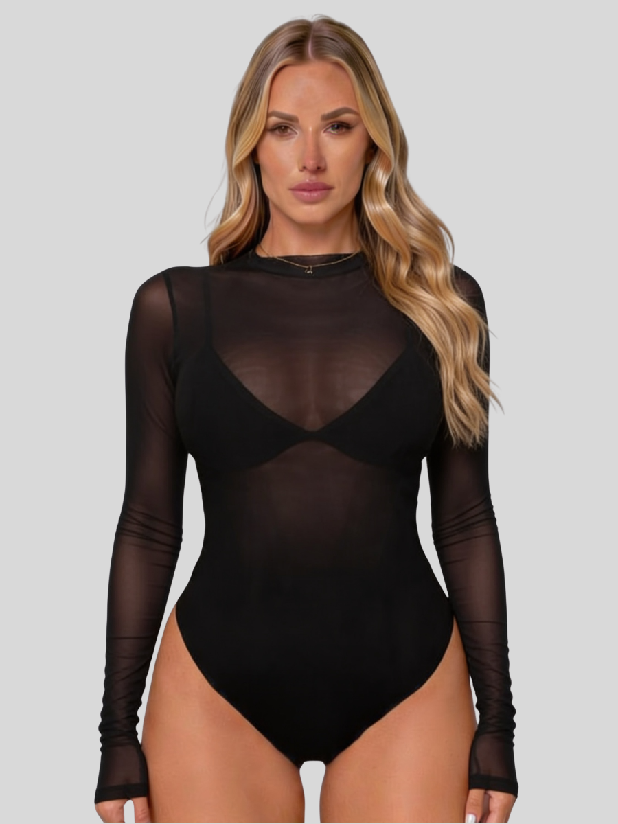Women's mesh bodysuit long sleeve with mock neck, sheer second-skin harness layering style