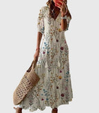 Boho summer dress with V-neckline, vintage bohemian style, lightweight and breezy