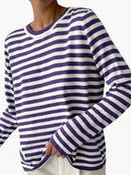 Striped knit sweater women's relaxed fit round neck long sleeve