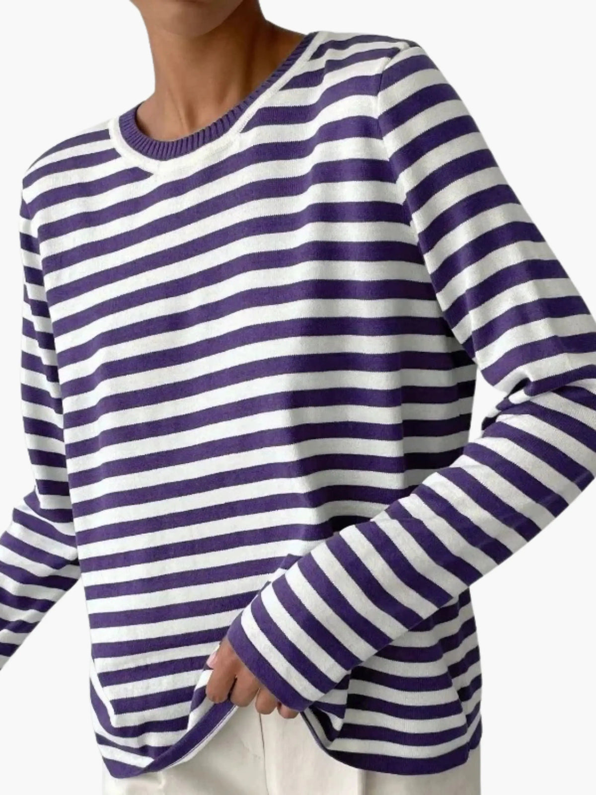 Striped knit sweater women's relaxed fit round neck long sleeve