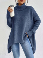 Women asymmetric hem turtleneck sweater in light khaki and dark blue