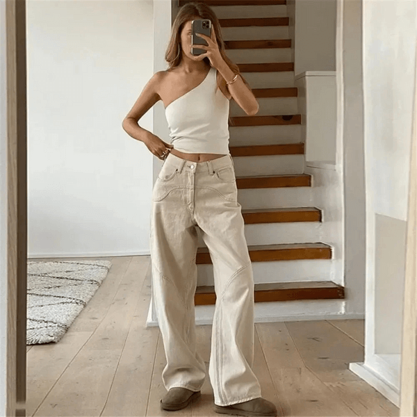 Women wide leg flared trousers in beige low waist relaxed fit