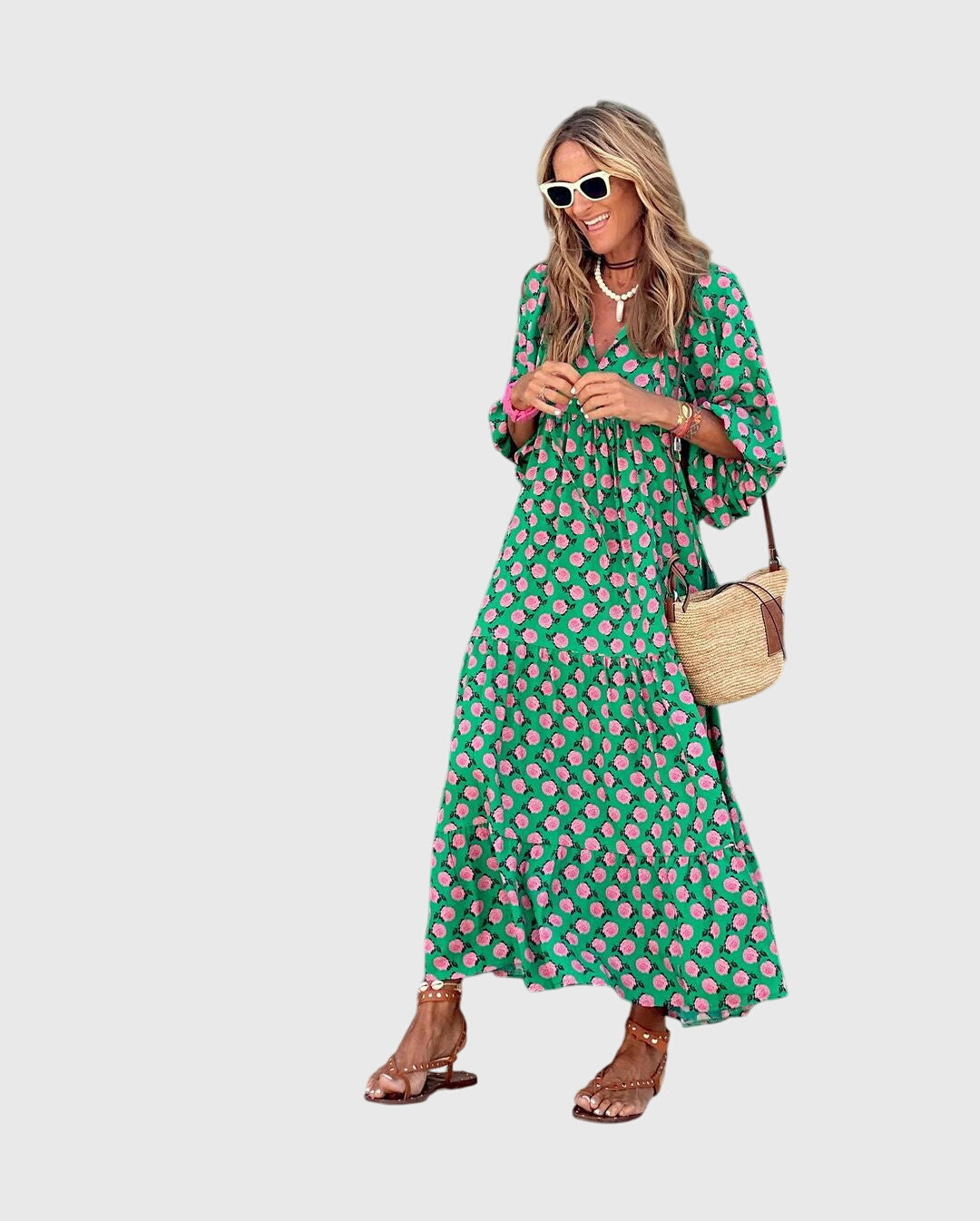 Women boho maxi dress flowing silhouette long sleeve bohemian style