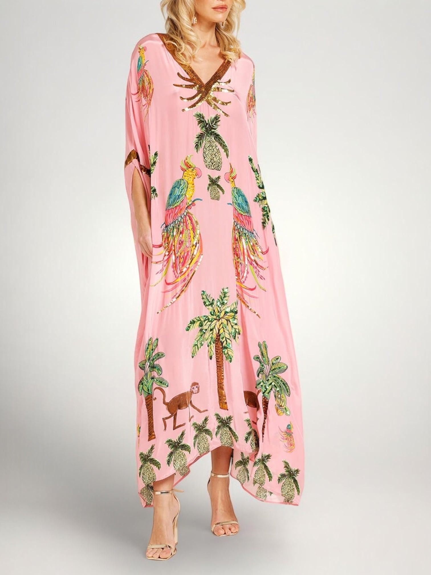 Tropical print dress drop shoulder coconut tree print loose fit vacation resort wear