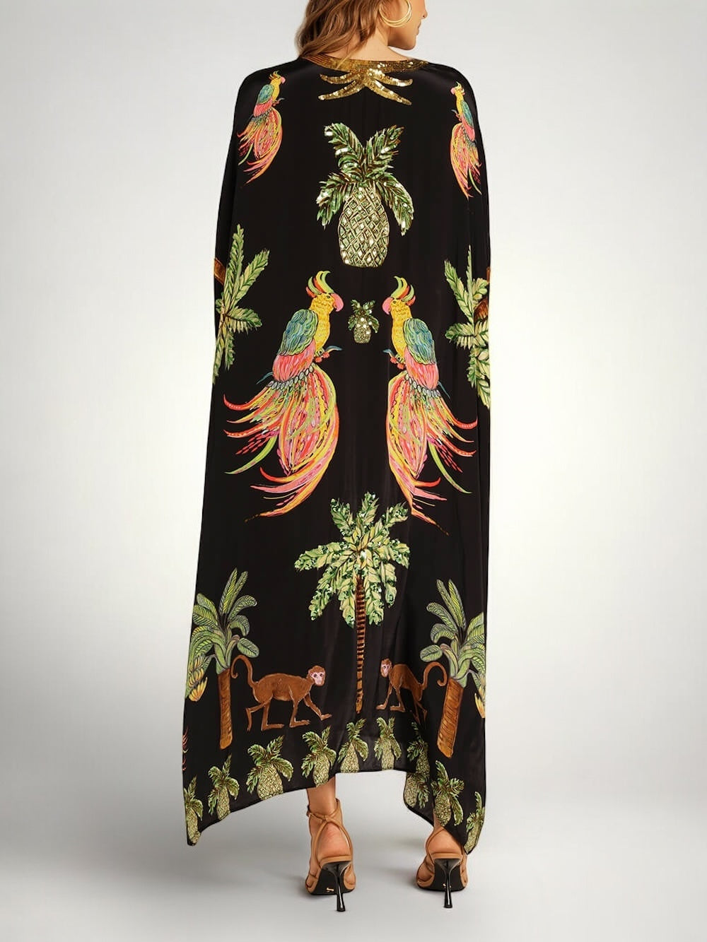 Tropical print dress drop shoulder coconut tree print loose fit vacation resort wear