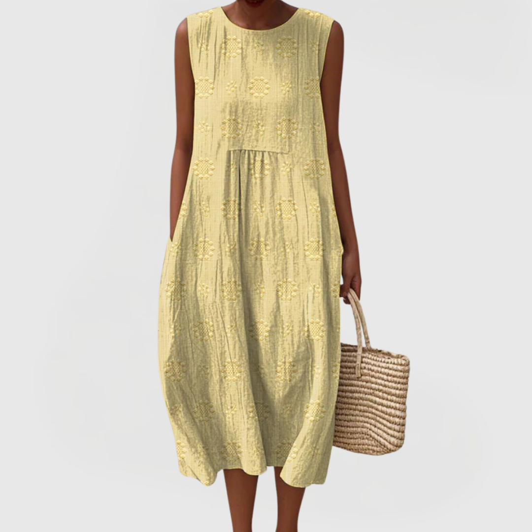 Women's sleeveless dress with tummy control, floral embroidery and hidden side pockets