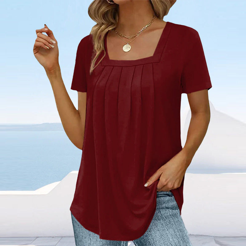Women's blouse square neck short sleeve with pleated detail, lightweight summer top