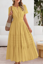 Women smocked midi dress short sleeve boho flowing skirt