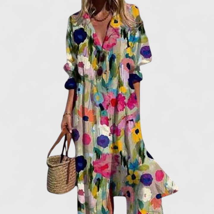 Women's boho dress in bold colors, floral midi style for all occasions