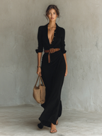 Women's maxi dress with lapel V-neck, belted waist and long sleeves in cotton tencel