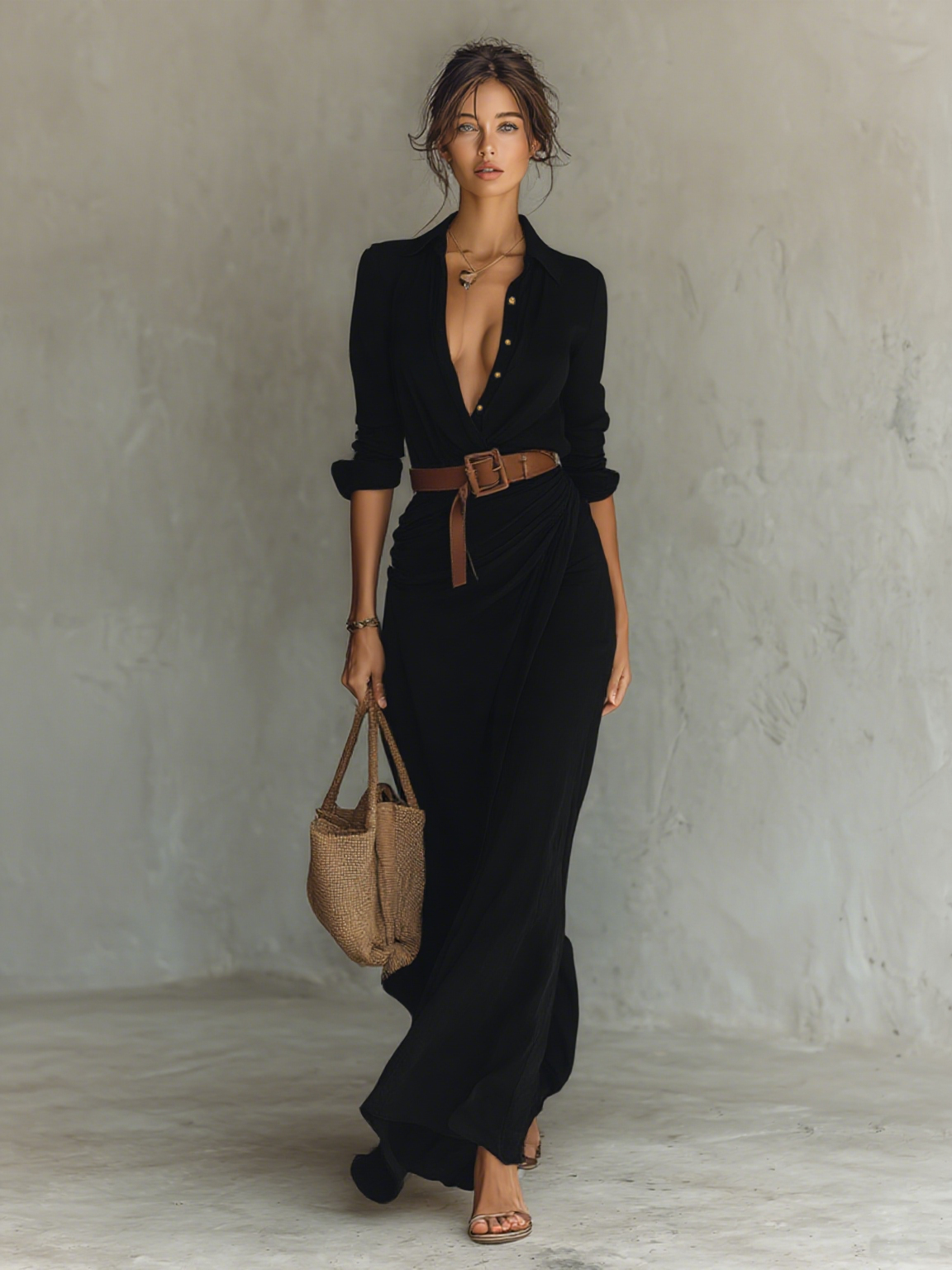 Women's maxi dress with lapel V-neck, belted waist and long sleeves in cotton tencel