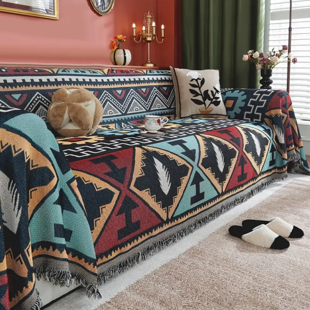 Aztec geometric pattern sofa cover boho tassel microfiber