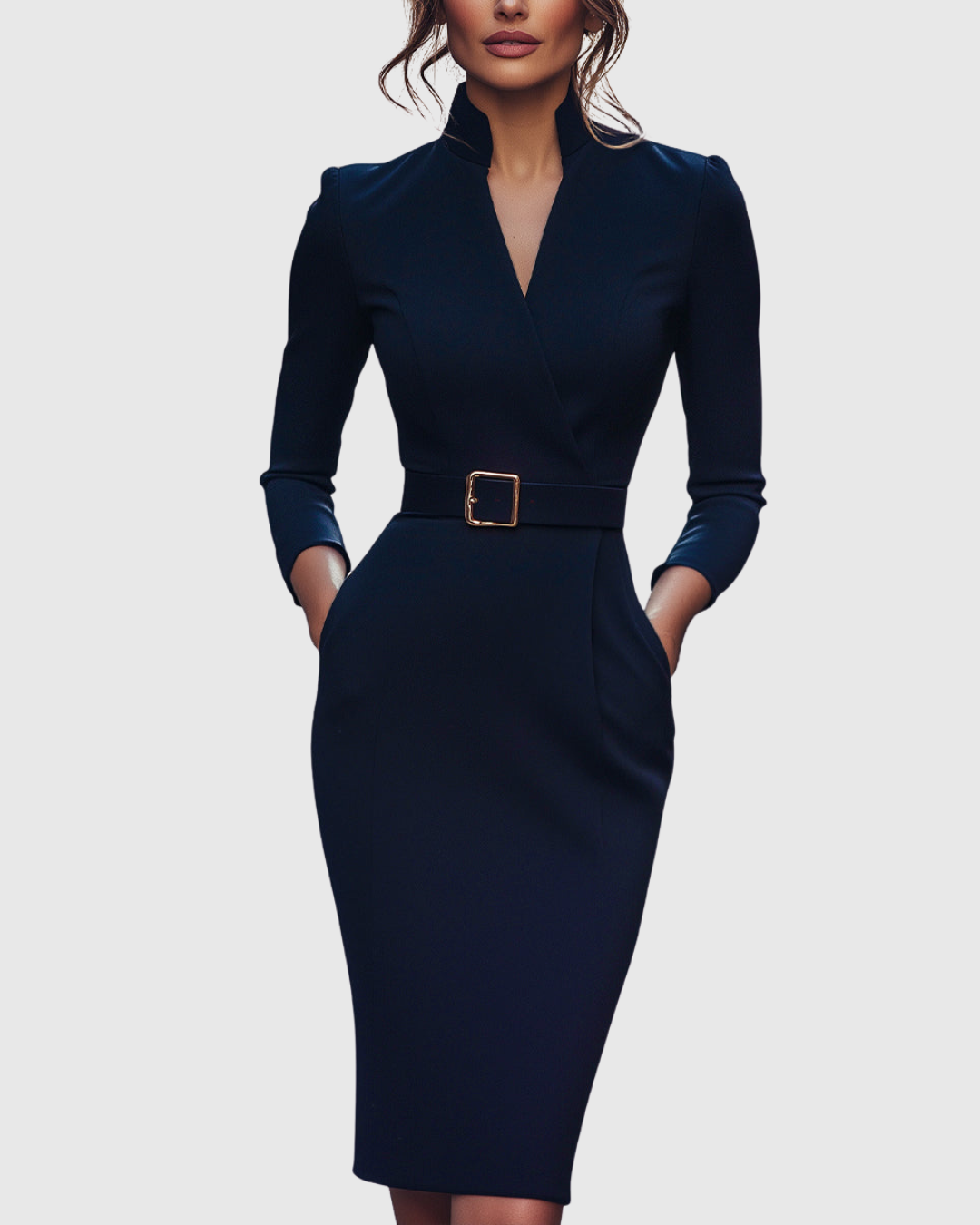 Midi Dress Women Fitted Pencil Wrap Neckline Three Quarter Sleeve