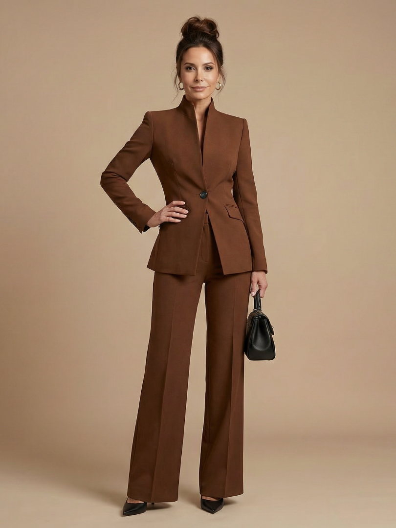 Women 2 Piece Suit stand collar tailored jacket with flared trousers