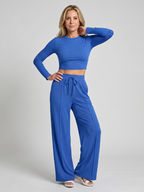 Women 2 piece long sleeve crew neck crop top wide leg pants set