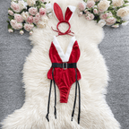 Women red velvet bodysuit with faux-fur V neckline and garter belt holiday festive