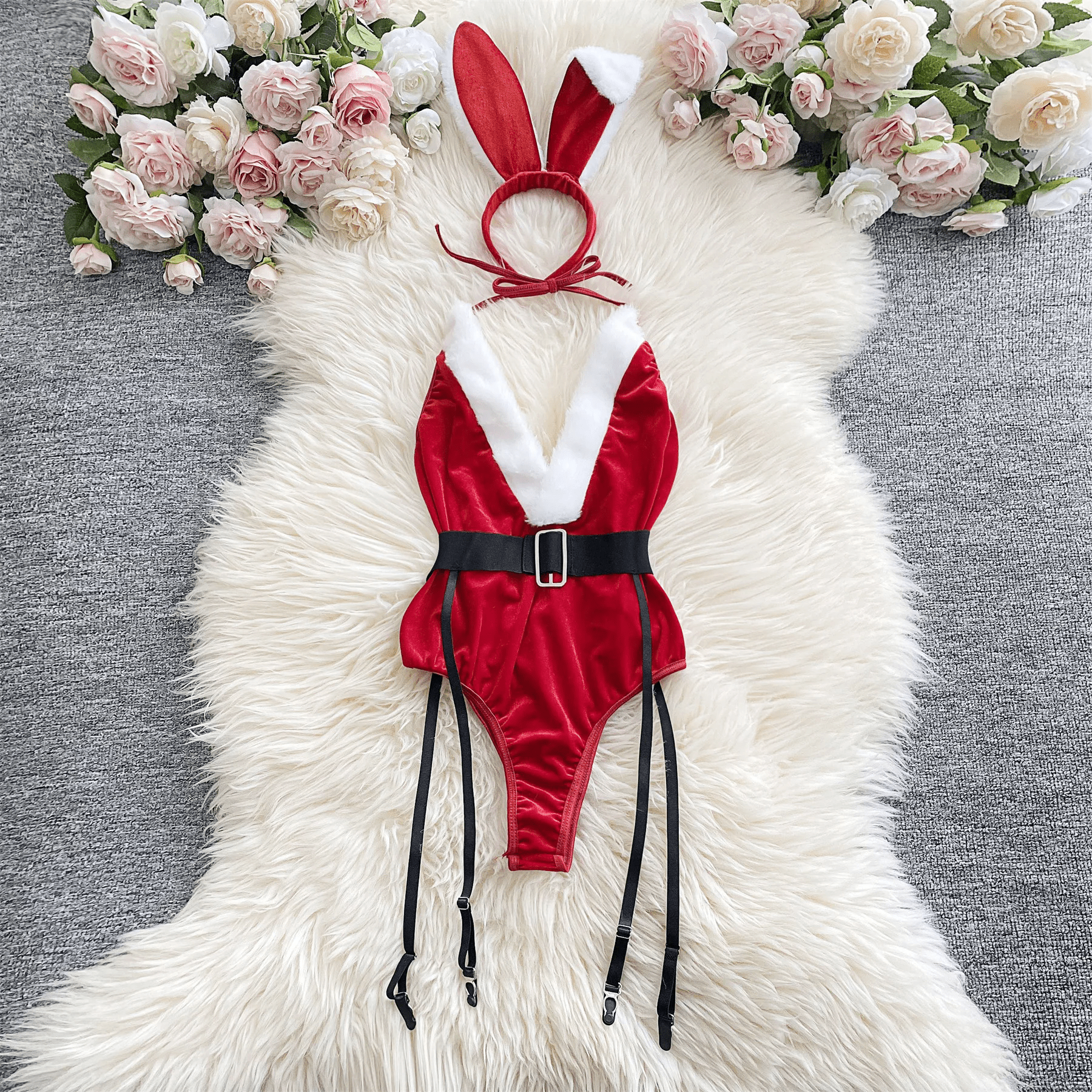 Women red velvet bodysuit with faux-fur V neckline and garter belt holiday festive