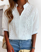Women's white V-neck blouse with puff sleeves and patchwork detail, cotton-lace blend